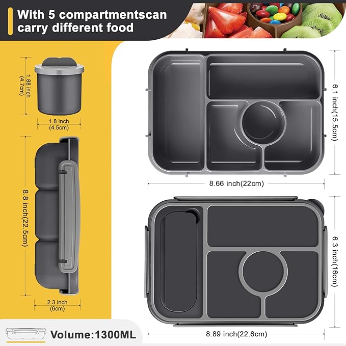 Amathley Bento Box Adult Lunch Box Kids,Lunch Containers for Adults/Kids/Toddler,5 Compartments Bento Lunch Box with Sauce Vontainers,Microwave & Dishwasher & Freezer Safe,BPA-Free (Dark Gray)