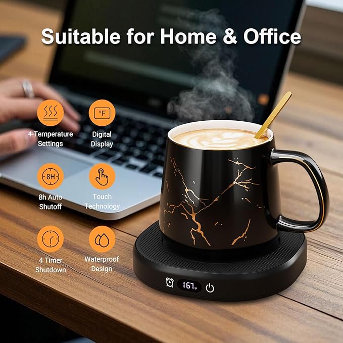 Coffee Mug Warmer & Luxury Marbling Mug Set, Electric Cup Warmer with Auto Shut Off, 4 Temperature Setting Smart Beverage Warmer, 8-Hours Auto Shut Off (Luxury Marbling Mug)