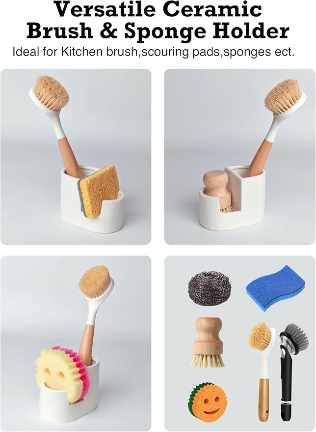 Ceramic Sponge Holder for Kitchen Sink, 2-in-1 Sponge & Brush Organizer, Compact Countertop Sink Caddy with Raised Edge to Catch Drips, Keeps Countertops Dry, Dishwasher Safe, Rustproof, White