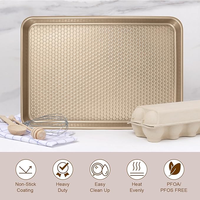 Wildone 2 Pack Half Sheet Baking Pans, Honeycomb Embossed Nonstick Baking Sheet 17.5x12 In, Thicker Carbon Steel Cookie Sheet, Even Heating & Warp Resistant, Champagne Gold