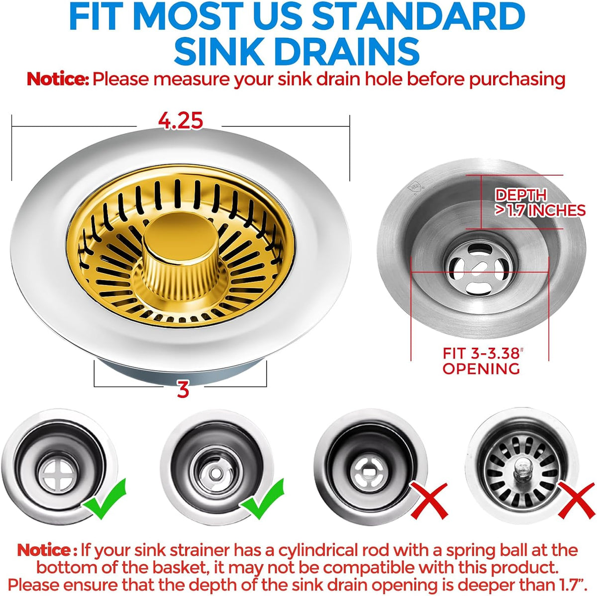 zaa Kitchen Sink Drain Strainer - Kitchen Sink Stopper, 304 Stainless Steel Sink Drain Stopper, Sink Protector for Kitchen with Anti-Clog Filter, Fit US Standard 3-1/2'' Sink Drain Hole, Gold