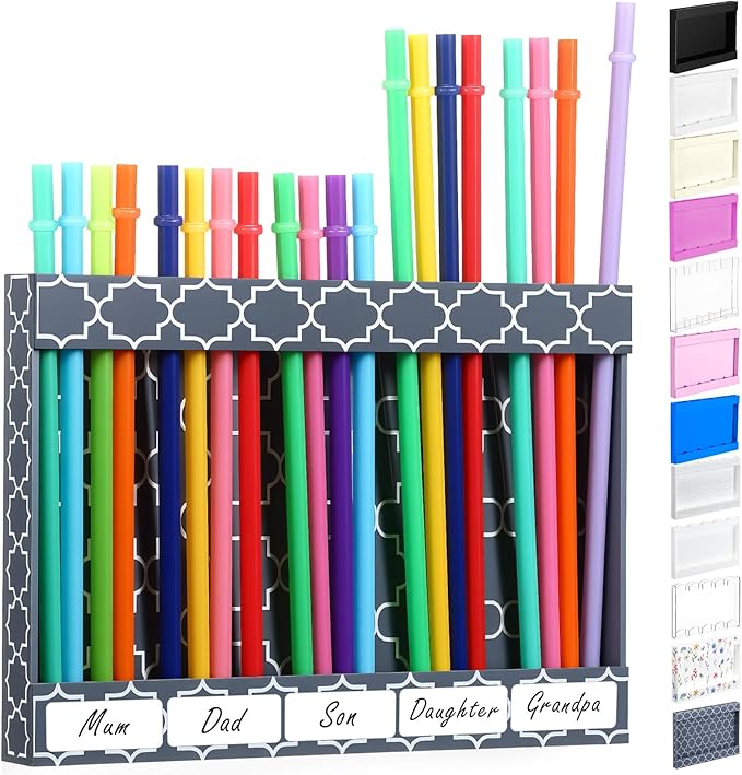 Qinyoung Acrylic Straw Holder for Cabinet Door with Double Sided Adhesive Tape Reusable Straw Organizer Tumbler Storage Kitchen Accessories Container for Counter Cupboard(White Lines,Large,Grey)