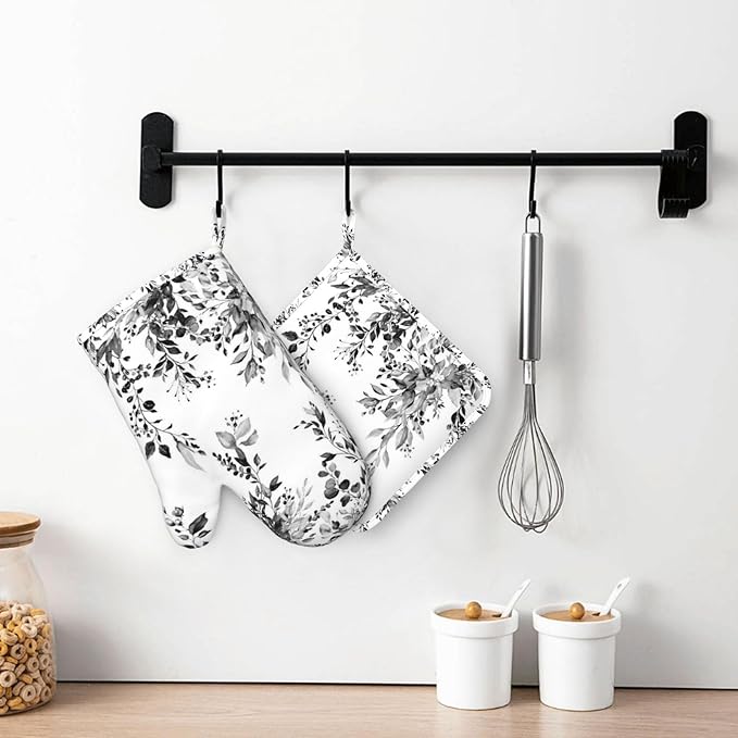 Black and White Eucalyptus Oven Mitts and Pot Holders Set, 4pcs Silicone Grey Watercolor Plant Leaves Oven Glove for Kitchen Heat Resistant Oven Mitts and Potholders Non-Slip for Cooking