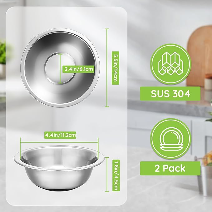 304(18/8) Stainless Steel Mixing Bowls for Kitchen, 2 Pack 5.5" Small Metal Mixing Cooking Bowls Set Stackable for Baking Serving Cooking Food Prep Storage Dishwasher Safe Lightweight