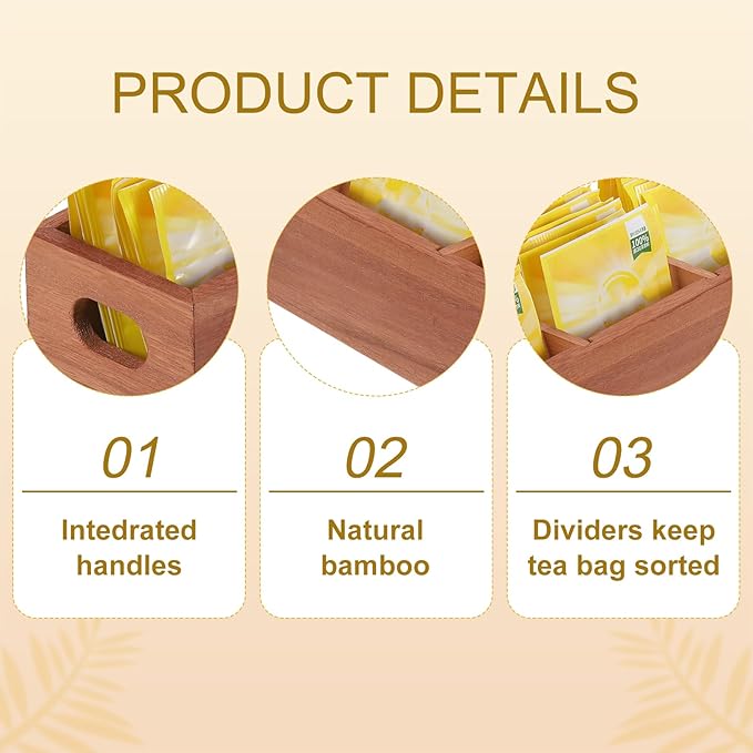 uxcell Tea Bag Organizer, 3 Compartments Wood Tea Box with Handle, Tea Storage Organizer Holder for Tea Bags, Beverage Supplies Sugar Packet, Wood Color