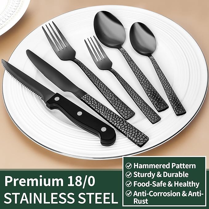 EWFEN 24-Piece Black Silverware Set with Steak Knives, Black Flatware Set for 4, Food-Grade Stainless Steel Tableware Cutlery Set, Mirror Finished Utensil Sets for Home Restaurant, Hammered Edge