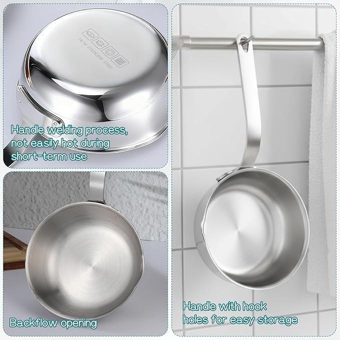 18/10 Stainless Steel Butter Warmer Mini Butter Warmer Milk-Warmer Pot with Pour Spouts Mini Sauce Pan for Milk, Coffee, and Melting Chocolate, 0.5-Quart