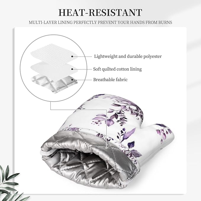Purple Eucalyptus Oven Mitts and Pot Holders Set, 4pcs Silicone Watercolor Plant Leaves with Floral Oven Glove for Kitchen Heat Resistant Oven Mitts and Potholders Non-Slip for Cooking