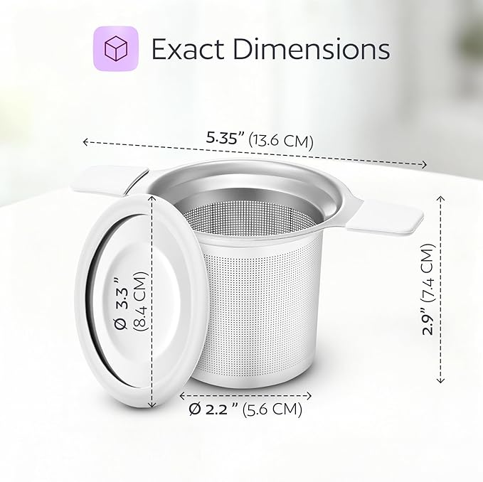 Stainless Steel Tea Infuser for Loose Leaf Tea – Extra Fine Mesh Strainer with Heat Proof Double Handles & Lid, Reusable Filter Fits Mugs, Cups & Teapots, White