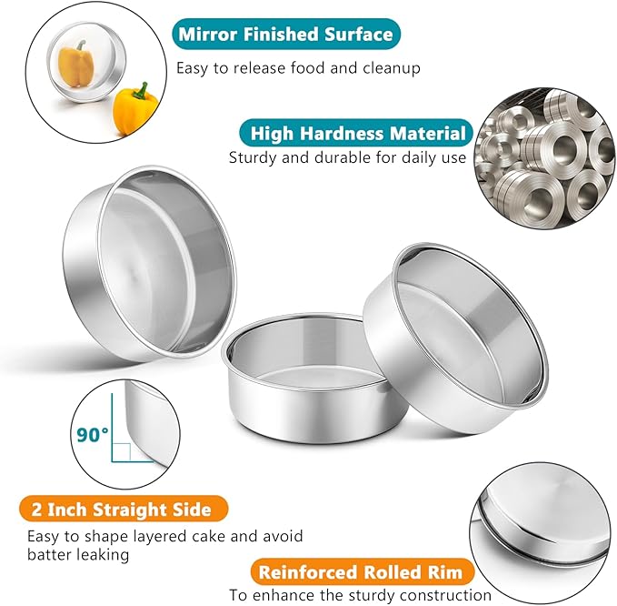 P&P CHEF 5 Inch Round Cake Pan Set of 3, Stainless Steel Round Baking Layer Pans Bakeware for Layer Birthday Cake, Fit Oven/Pots/Pressure Cooker, Leakproof & Dishwasher Safe, Silver