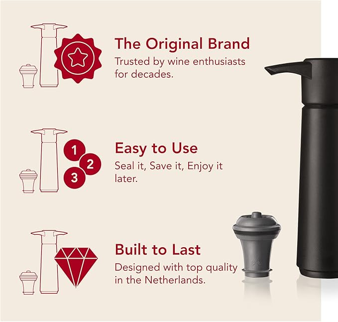 Vacu Vin Original Wine Saver with 2 Vacuum Bottle Stoppers – Wine Preserver Pump for Red or White Wine – Manual Air Remover System – Airtight Seal – Keep Wine Fresh Longer – Black