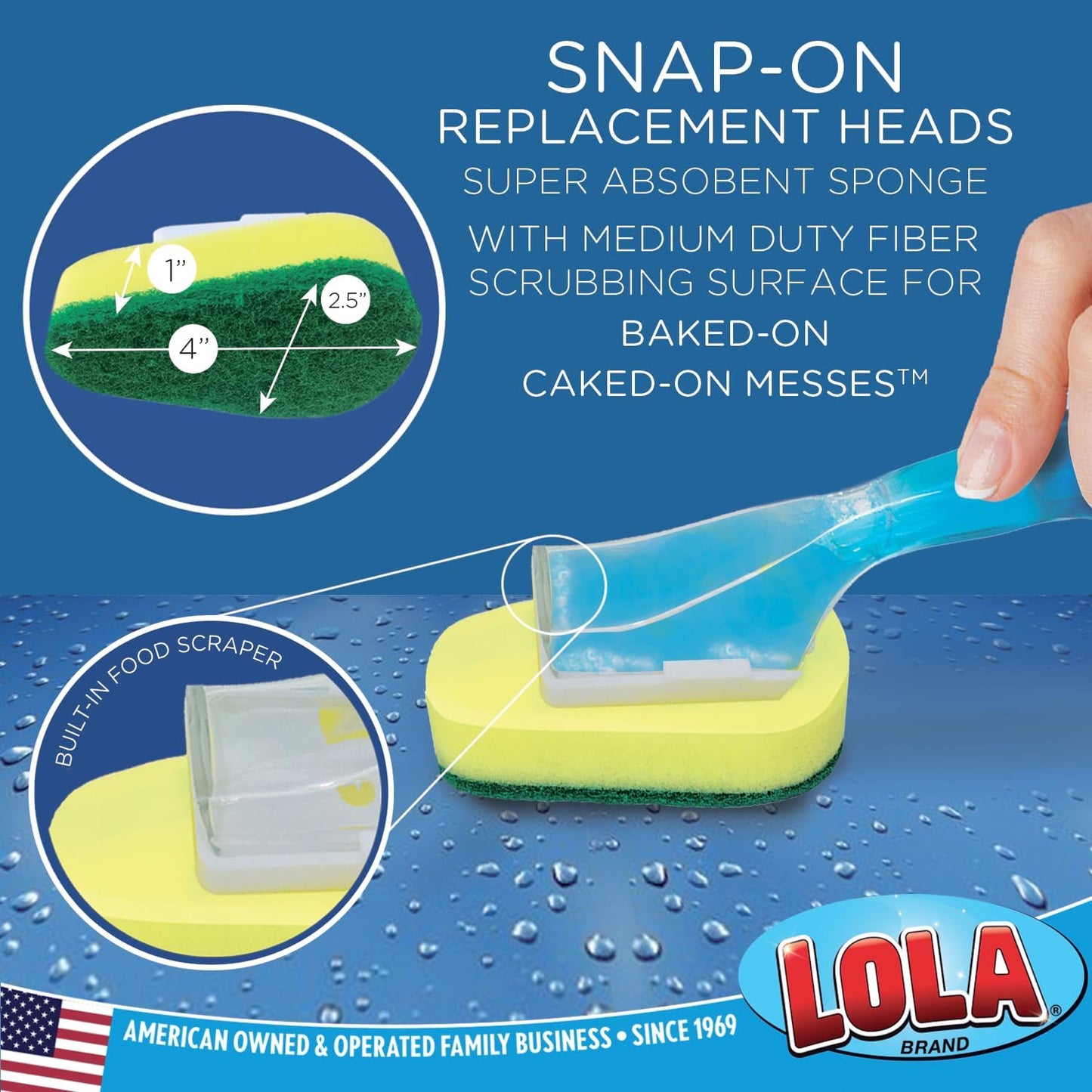 Lola Products Soap Dispenser Dish Brush Wand, Absorbent Sponge Scrubber, No Leaking. Clean Dishes, Sinks and Cookware, 1 Brush w/Head