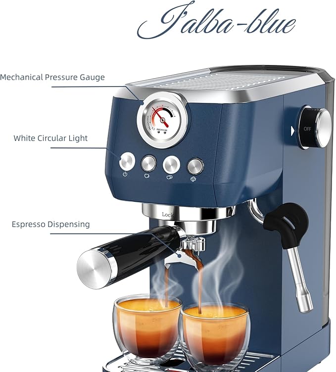 MAttinata Espresso Machine 20 Bar, Espresso Coffee Maker with Professional Milk Frother Steam Wand for Cappuccino & Latte, 49oz Removable Water Tank for Home, Blue