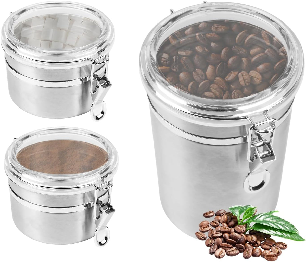 Airtight Coffee Canister, Coffee Storage Containers, Stainless Steel Kitchen Food Storage Jar for Grounds Coffee, Beans, Tea, Sugar, Flour, Cereal (Silver-1.8L*1+1.2L*2)