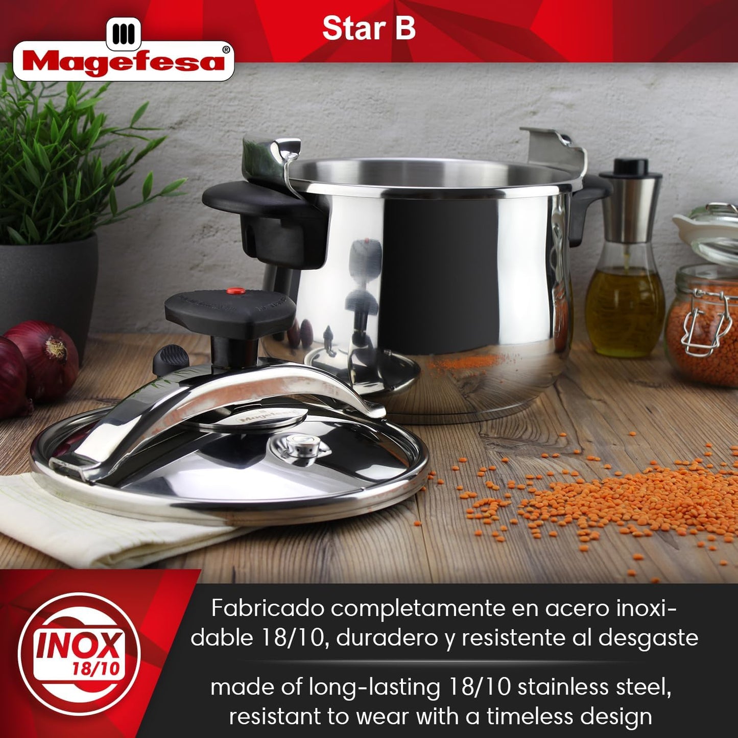 MAGEFESA Star Belly Pressure Cooker 6.3 Qt – 18/10 Stainless Steel, Rounded Bottom, 3 Safety Systems, Works on All Stovetops Including Induction, 8 PSI