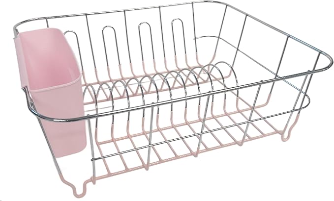 Dish Drying Rack & Cutlery Holder 2 Piece Set - Compact Sink-Fitting Dish Drainer with Rubberized Undercoating, Space-Saving Kitchen Organizer for Plates, Cups, Bowls & Utensils in Sink, Pale Pink