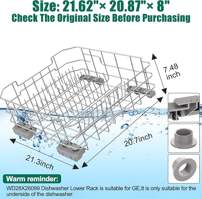 UPGRADED 304 Stainless Steel WD28X26099 WD28X24396 Dishwasher Lower Rack Replacement Compatible with GE Dishwasher Rack Parts With WD28X27241 Wheel & WD28X10128 Universal Dishwasher Silverware Basket