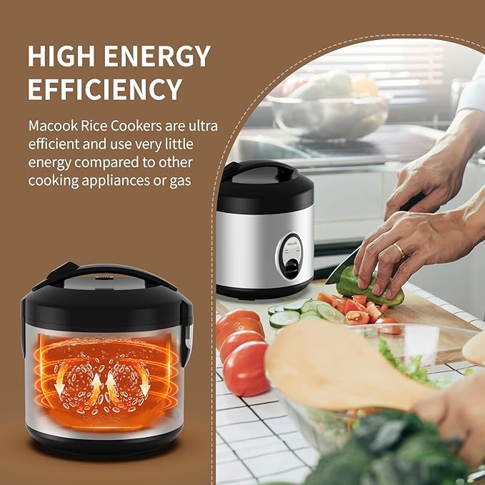 Macook Stainless Steel Rice Cooker with Steamer, 4-Cup Uncooked (1.0L)/8-Cup Cooked, Electric Grain & Vegetable Cooker, Auto Keep Warm for Oatmeal, Soups & Multicooking