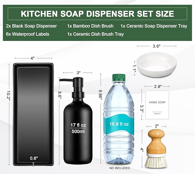 GMISUN Kitchen Soap Dispenser Set, 17 fl oz Dish Soap Dispenser with Ceramic Tray & Bamboo Brush for Kitchen, 2Pcs Matte Black Glass Hand and Dish Soap Dispenser Set, Refillable Soap Bottle Set