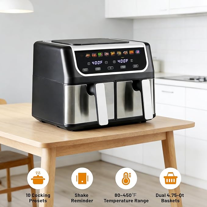 2 Baskets Air Fryer 9.5 QT, 10 in 1 Dual Air Fryers with Ceramic Crisper Plate, 80-450°F Wide Temp, Smart Cooking Mode with Match & Sync Cook, Shake Reminder, Roast, Defrost, Bake, Black