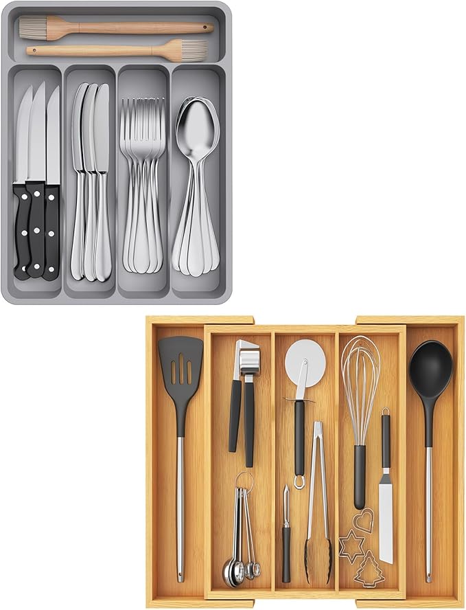 Lifewit Silverware Drawer Organizer Tray, Bamboo Cutlery Silverware Flatware Holder,Flatware and Utensil Holder Divider for Spoons Forks Knives Tableware