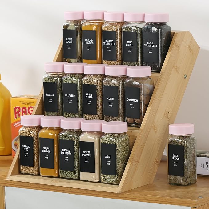 24 Glass Spice Jars with Labels, Spice Jar Set, 4oz Seasoning Containers, Spice Containers with Pink Airtight Lids and Shaker Lids, Square Empty Spice Bottles, 492 Labels, 1 Funnel