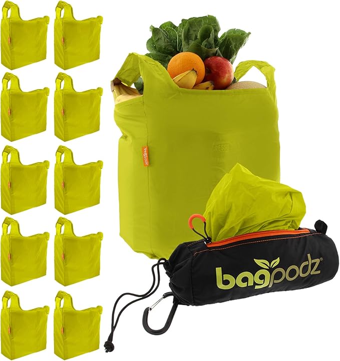Sturdy Reusable Grocery Bags Foldable and Washable - Made From RipStop Nylon Hold 50lbs - Designed in USA Reusable Shopping Bags Inside a Compact Pod with Carry Clip - 10 Pack in Green