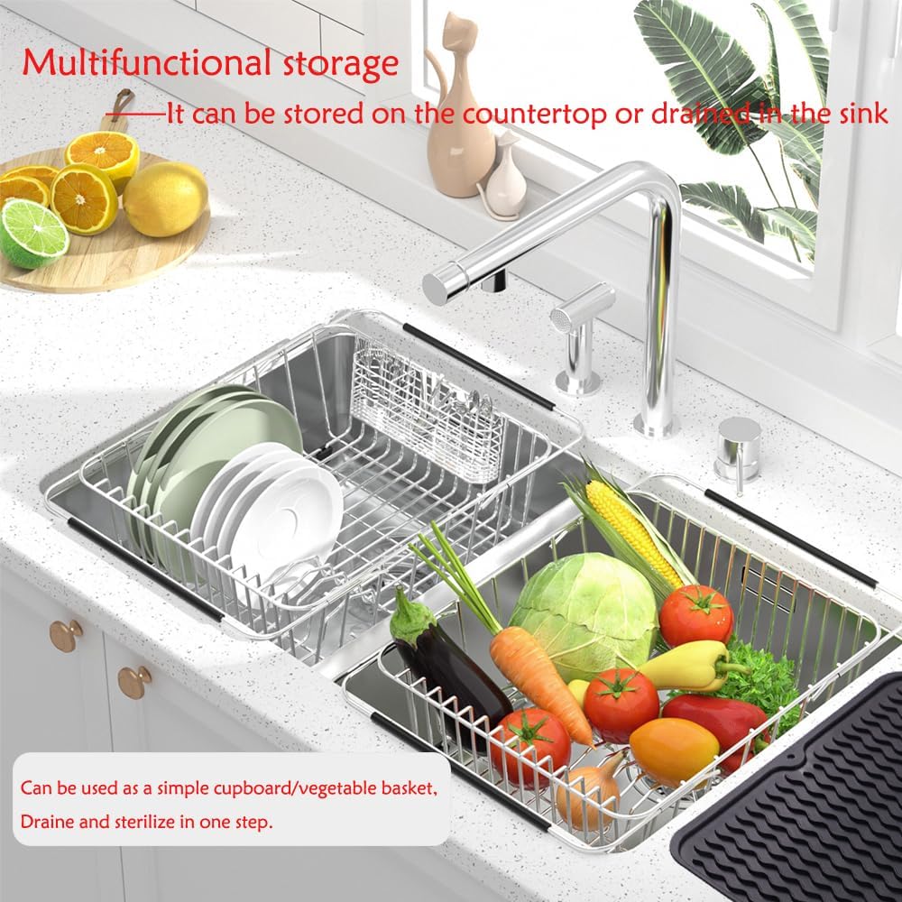 Stainless Steel Dish Drying Rack(15.2"L X 11"W X 5.3"H), Expandable Fruit & Vegetable Drain Rack over Sink, Dish Drainer Rack in Sink, with Stainless Steel Utensil Holder & Silicone Mat(16")