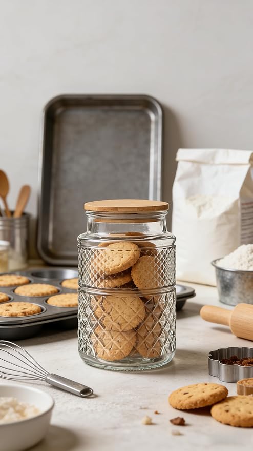 Large Glass Storage Jar, 60 FL OZ Glass Food Storage Containers with Bamboo Lid, Kitchen Containers Cereal Canisters Decorative Jar for Candy Snack Cookies Coffee Tea Nuts Airtight Jars