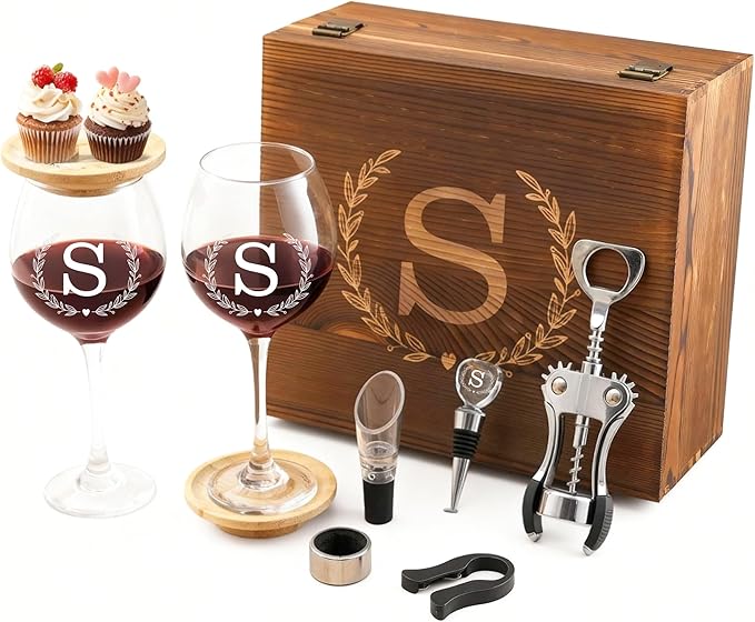 GZLDGIFTS Personalized Initial Wine Glasses Box Gift Set For Women Mom Engraved Birthday Monogrammed Wooden Christmas Gifts Wedding Anniversary Wine Couples Stopper Opener Initial Letterr (S Set)