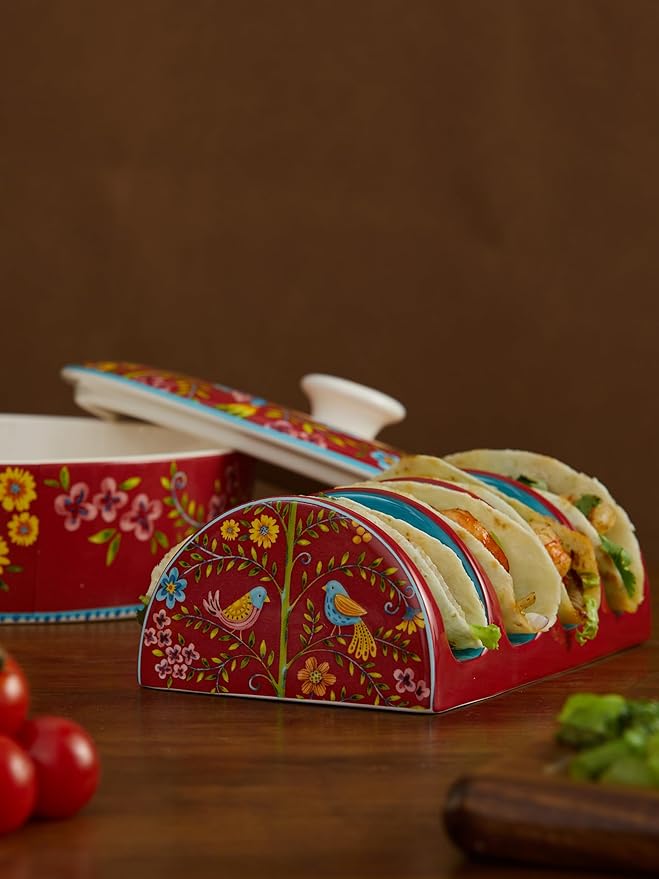 Bico Red Spring Bird Taco Tuesday Set, Tortilla Warmer and Taco Holder, Microwave and Dishwasher Safe