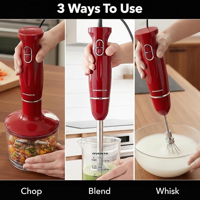 OVENTE Immersion Hand Blender Set, 300W Electric Handheld Stick Mixer, 2 Mixing Speeds with Stainless Steel Blades, Egg Whisk, Beaker & BPA-Free Food Chopper, Red HS565R