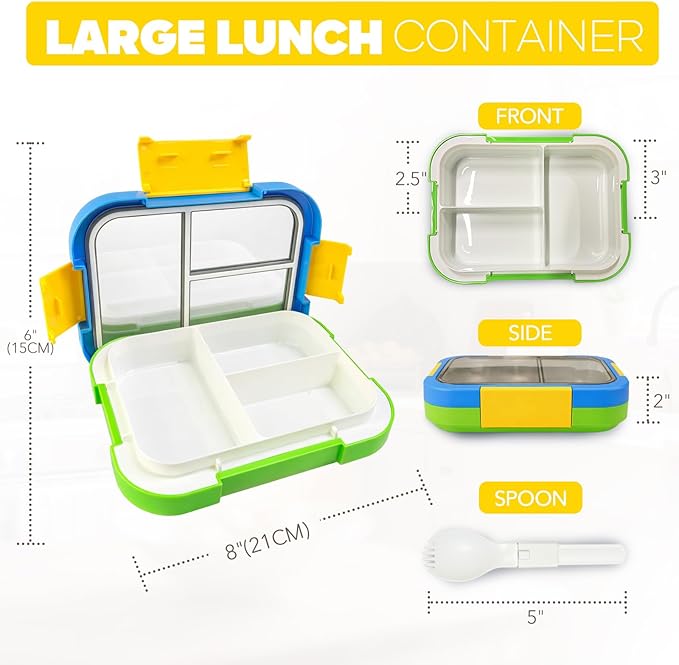 EASYFUN Bento Box Adult, Lunch Box, 3-Compartment Lunch Containers, Drop-Proof, Dishwasher Safe & Made with BPA-Free Materials (Blue green)