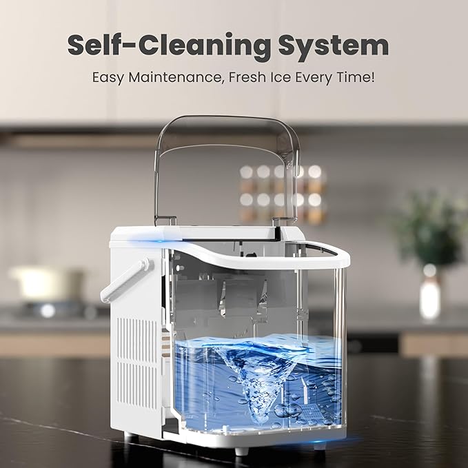 DUMOS Countertop Ice Maker with Handle, 26lbs/24H Portable Ice Machine, 9 Bullet Cubes Ready in 6 Mins, Self-Cleaning, Quiet Compact for Home, Kitchen, RV, Camping, White