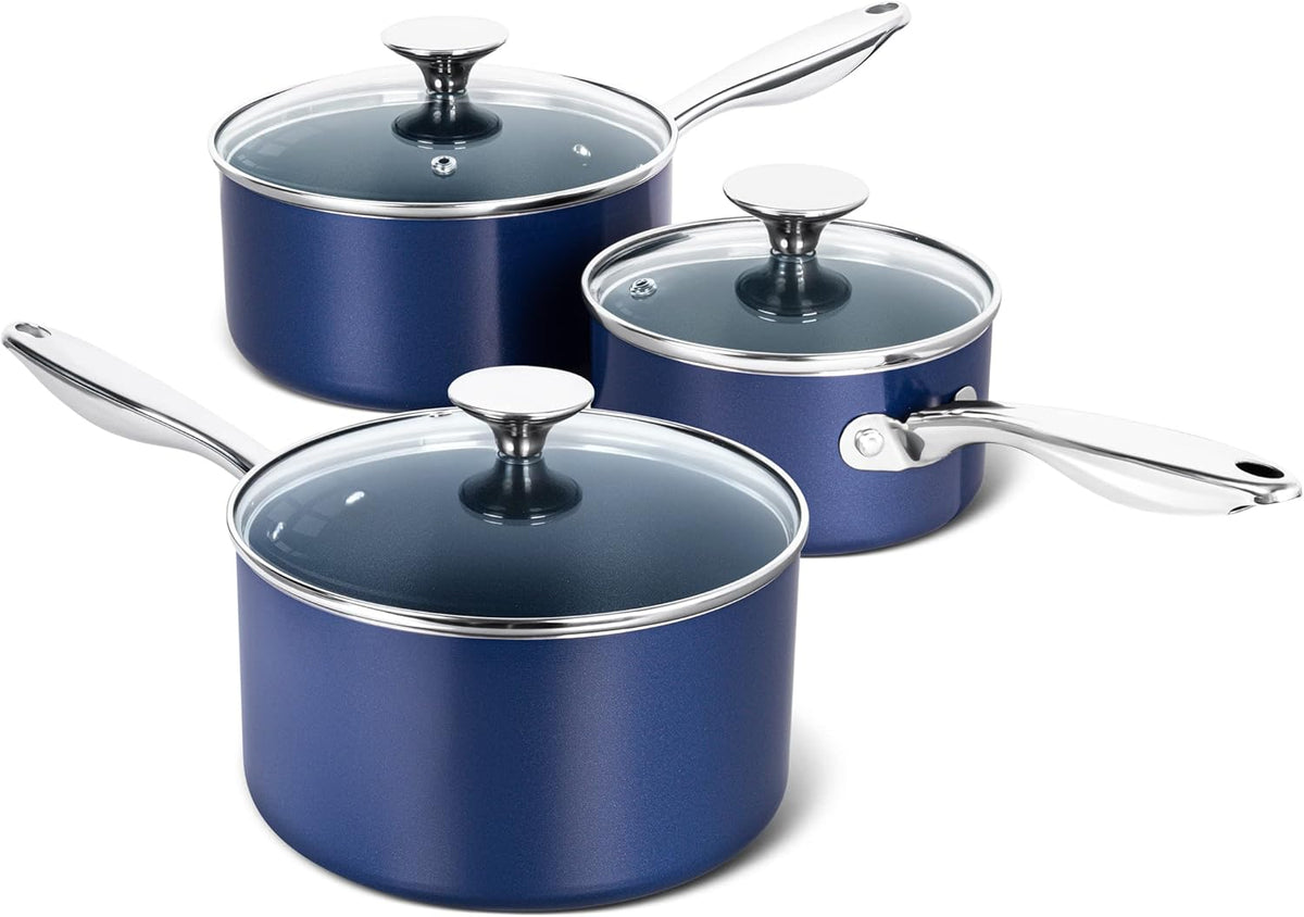 MICHELANGELO Sauce Pan Sets, Ceramic Saucepans with Lids, 1Qt & 2Qt & 3Qt Sauce Pans with Lid, Nonstick Saucepan Set, Small Pot with Stainless Steel Handle, Oven Safe, Blue