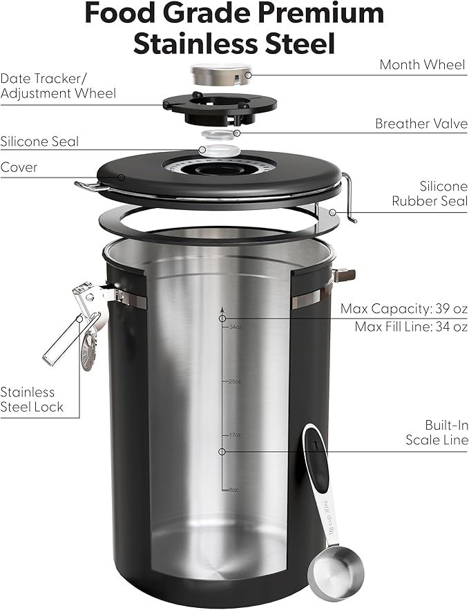 Veken Large Coffee Canister with Window, Kitchen Food Storage Airtight Stainless Steel Container for 2.2lbs Coffee Beans, Grounds, Rice,Tea, Flour, Cereal, Sugar Jars,Date Tracker and Scoop 39oz,Black