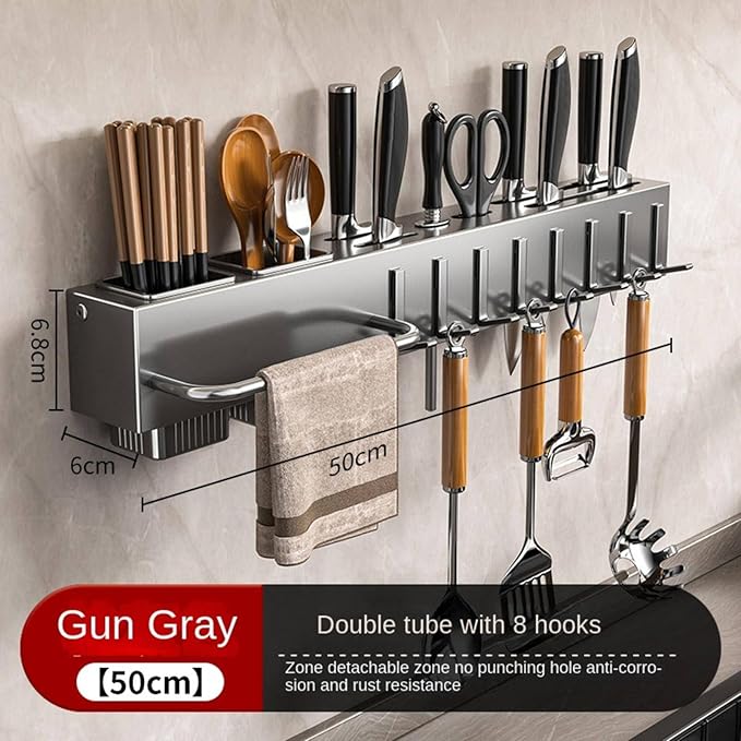 New Multi-Functional Kitchen Rack Home Wall-Mounted Knives Chopstick and Spoon Storage Rack Punch-Free cookware draining Rack, 50, Black