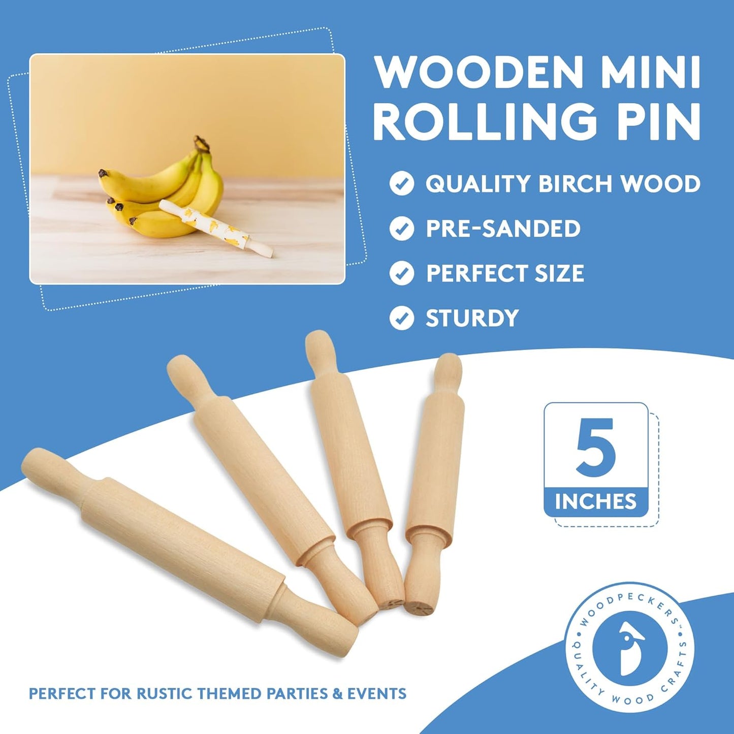 Wooden Mini Rolling Pin, 5 Inches Long, Pack of 25, Great for in The Kitchen, Play-doh, Crafting and Imaginative Play, by Woodpeckers