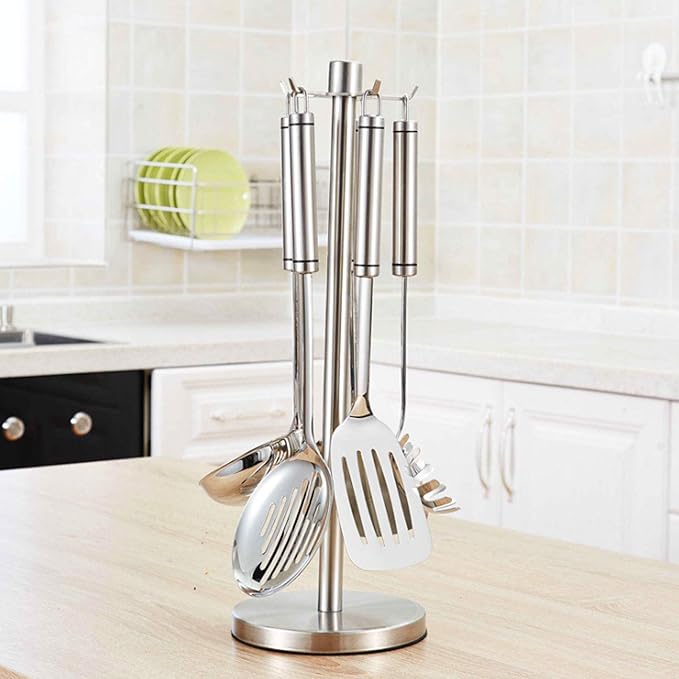 Stainless Steel Kitchen Utensil Holder, 360 Degree Rotating Utensil Rack with 5 Hooks, Kitchenware Storage Rack, Countertop Spatula Spoon Soup Ladle Holder