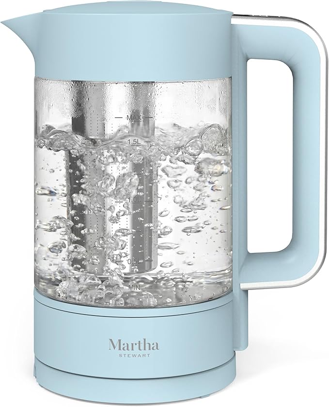 Martha Stewart Electric Kettle with Removable Stainless Steel Tea Infuser, Glass Carafe 1.7L (7 Cups), Hot Water Boiler, 4 Presets, Keep Warm & Auto Shut-Off, Cordless 360° Swivel Base, Sky Blue