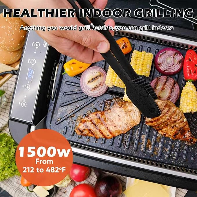 Indoor Grill, CUSIMAX Electric Smokeless Grill & Griddle with REPLACEABLE Smoke Filter Sponge, 1500W Korean BBQ Grill, Smart LED Display, Larger Grilling Area, Black(New Model)