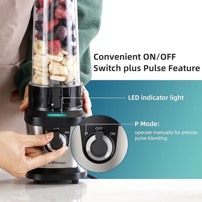 La Reveuse Personal Size Blender for Shakes Smoothies,400W, with 2 x 24 Oz Blending Cups and 2 Spout Lids,BPA-free
