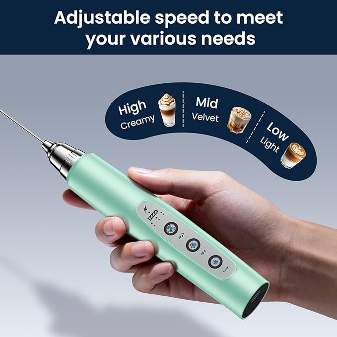 Sakgos Milk Frother Rechargeable Handheld-Electric Whisk 3 Speed Adjustable, Coffee Frother Wand with 3 Stainless Whisks, Electric Foam Maker, Drink Mixer Blender for Latte Cappuccino Matcha Egg