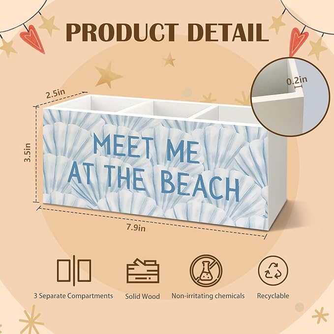 Blue Coastal Beach Seashell Wooden Utensils Holder, Meet Me at The Beach Ocean Beachy Wood Cooking Utensil Holder Organizer for Kitchen Countertop Counter Decor Accessories