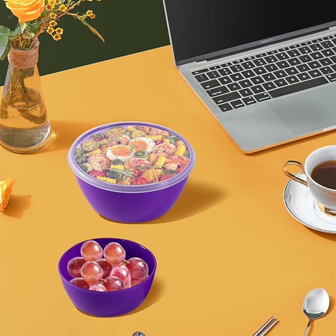 4-Piece Classic Plastic Prep Bowls with Lids, Nesting Plastic Small Mixing Bowl Set for Mixing, Baking, Prepping, Cooking and Serving Food, Microwave and Dishwasher Safe (Purple)