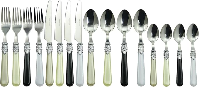 The Original Brink House Glam Mix & Match Stainless Steel Cutlery Set with Assorted Baroque Handles / 16 pieces with Metal Stand, Lifestyle utensils set for home, first apartment, dorm, dinner parties