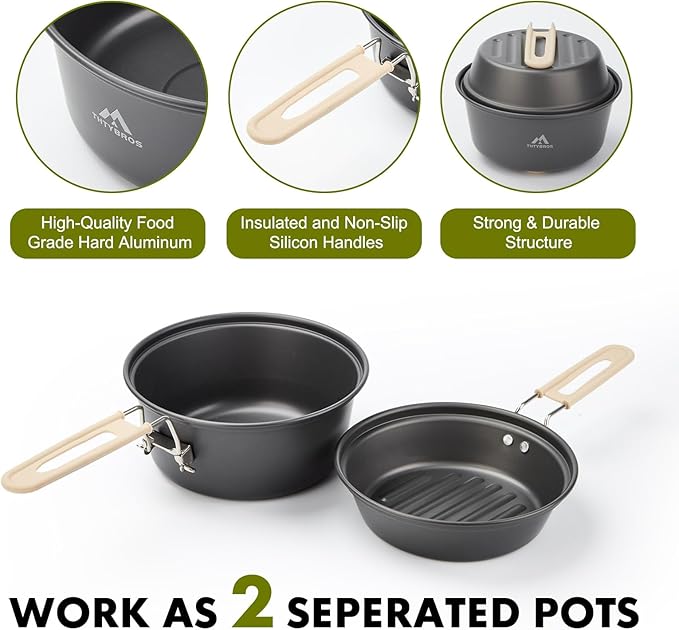 THTYBROS 17pcs Camping Cookware Kit, 0.45Gal Pot, 7inches Pan,0.30Gal Kettle Set with 2 Set Stainless Steel Cups Plates Forks Knives Spoons for Hiking