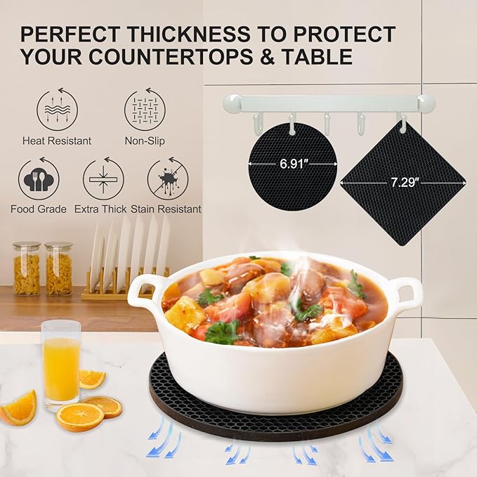 Silicone Trivet Mats, 4 Pack Hot Pads Pot Holders for Kitchen, Heat Resistant Non-Slip Trivets for Hot Dishes, Hot Pots and Pans, Countertop, Table, Food Grade Silicone & BPA Free, Black