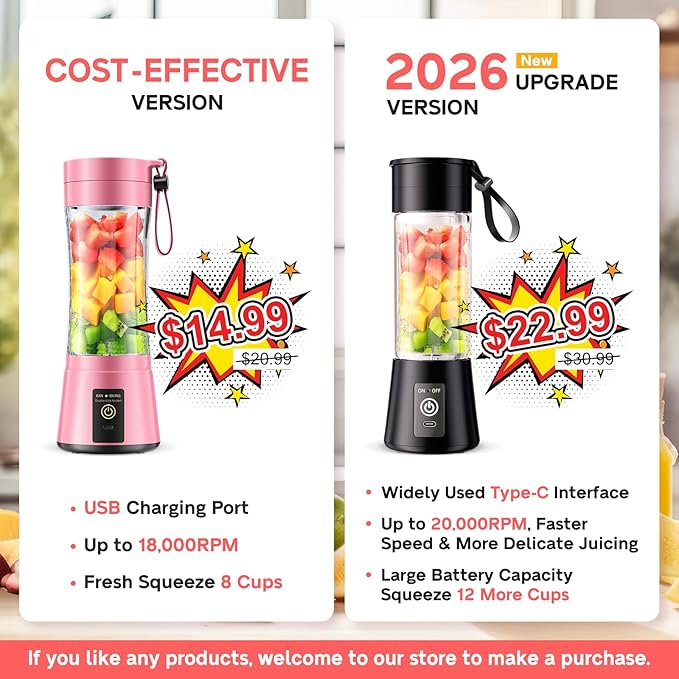 Portable Blender for Smoothies & Shakes - Cordless Personal Size Blender with 6 Blades, 380Ml Juice Cup, Lightweight & Rechargeable, Freshly Squeezed for Picnic/Sports/Office
