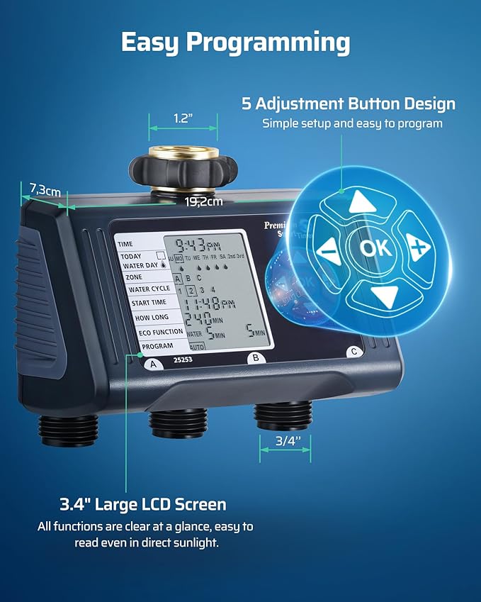 DEWENWILS Sprinkler Timer 3 Zone, Water Timer with 4 Programmable Procedures, Hose Faucet Watering with Automatic/Rain Delay/Manual Mode, Outdoor Irrigation Controller for Lawn, Garden